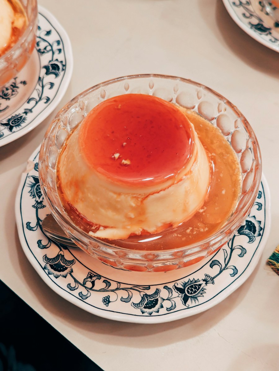 Caramel pudding on a plate in a quiet neutral setting